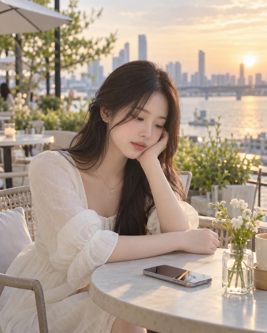 노을이 지는 강변 테라스에 앉아 있는 사람, 테이블 위의 스마트폰