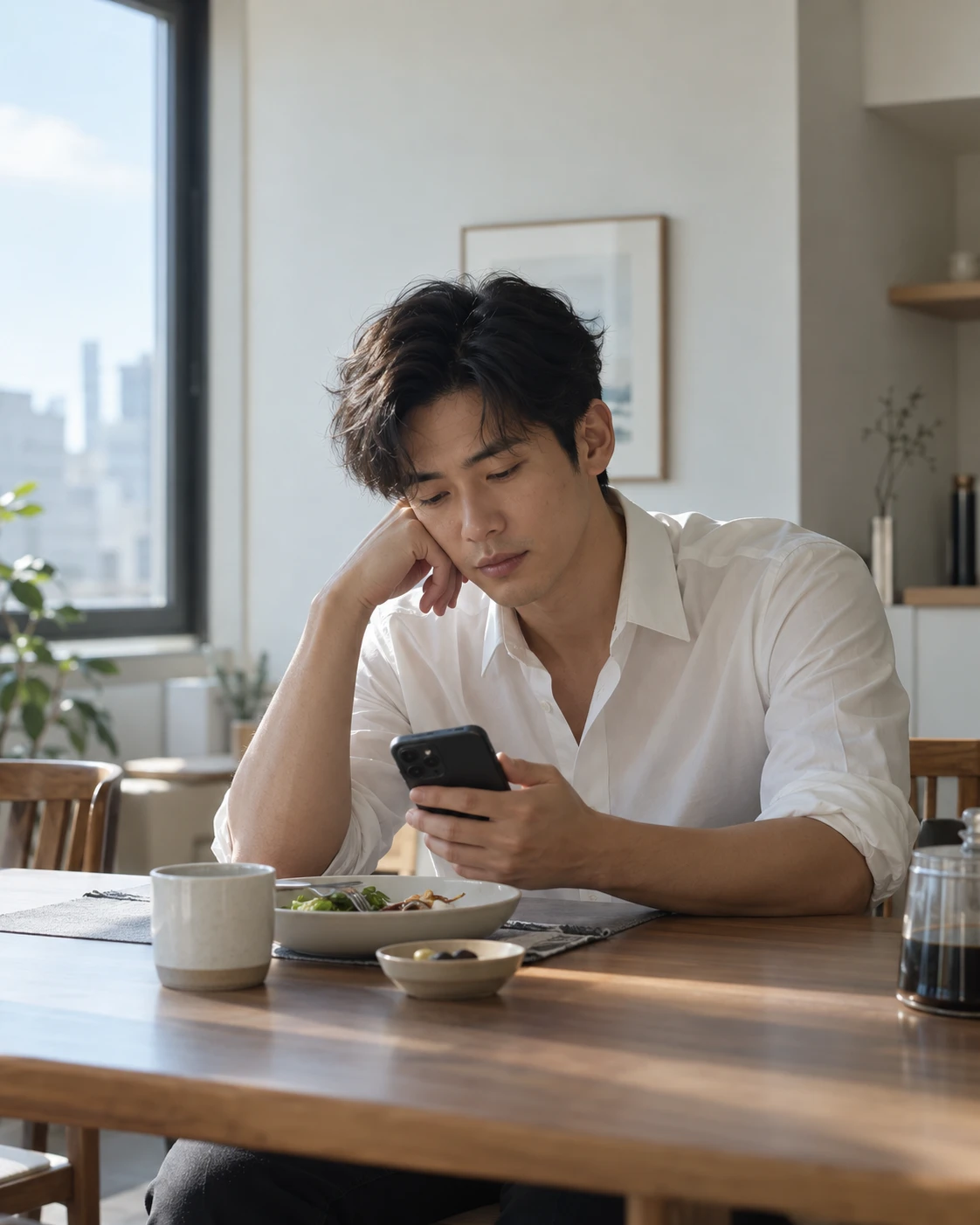 밝은 식탁에 앉아 스마트폰을 보며 생각하는 사람